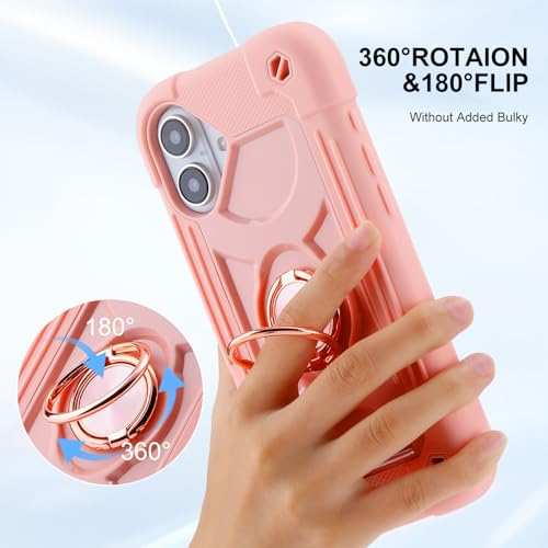 MARKILL Compatible with iPhone 16 Plus Case 6.7 Inch with 360 Degree Rotate Ring Stand, Military Grade Drop Protection Full Body Rugged Protective iPhone 16 Plus Case Kids Pink