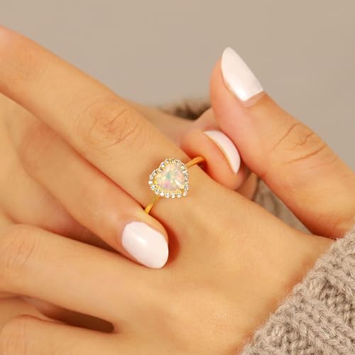 Opal Heart CZ Promise Ring for Women 925 Sterling Silver Love White Opal Engagement Band CZ Ring 14k Gold Plated to Daughter Mom Dainty Stackable Ring Wedding Christmas Jewelry Gifts for Her4