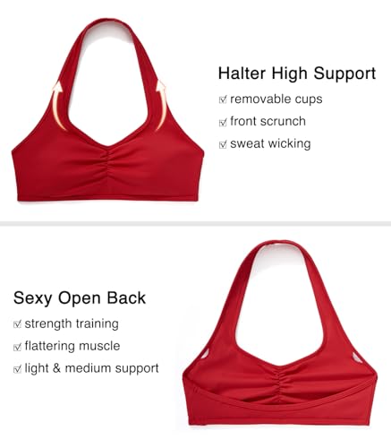Image of OMKAGI Halter Sports Bras for Women Open Back Workout Bras Padded Yoga Bra Gym Tops
