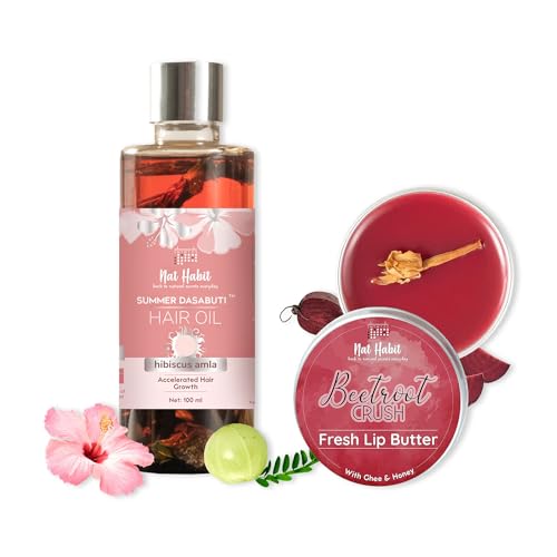 Nat Habit Dasabuti Summer Hair Oil & Lip Butter Combo For Men & Women, Hibiscus Amla Summer Hair Oil For Hair Growth, Beetroot Crush Lip Balm For Dry & Chapped Lips (Combo Pack of 2)