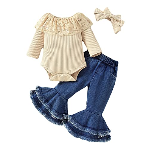 Image of koramesis Baby Girl Clothes Set Lace Ruffle Romper Flare Denim Jean Pants and Headband 3Pcs Set Newborn Infant Outfits Set