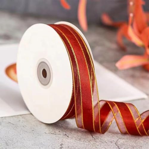 CABODYALS 45.72M 25mm Burgundy Organza Ribbon Gold Edge Red Sheer Transparent Trim Clear Soft Smooth Fabric Mesh Voile Chiffon Ribbons With Spool for Making Bow Gift Wrapping Hair Braid Wedding DIY - Image 4