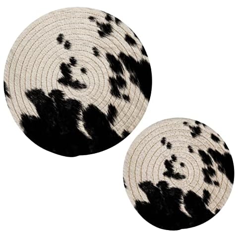 Kigai Cow Skin Print Round Cotton Trivets Pot Holders, Hot Pads Pure Cotton Stylish Coasters for Boho, Farmhouse, Kitchen Decor - 2pcs Cover