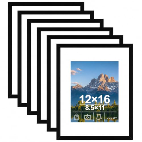 Image of JCJMY 12x16 Picture Frame Set of 6 with 8.5x11 Mat, Black 12 x 16 Poster Frames with Shatter Resistant Plexiglass, Display 8.5 x 11 with Mat or 12 by 16 Without Mat, Sturdy Wall Hanging Frame, 6 Pack