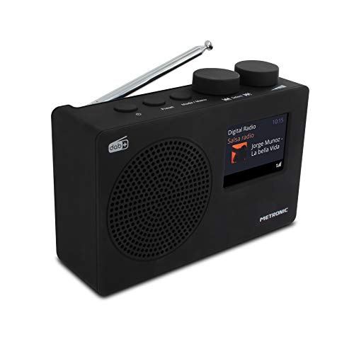 METRONIC 477251 Radio numérique DAB+ et FM RDS avec écran couleur et entrée audio, sortie casque, fonction double alarme, dimmer- Noir