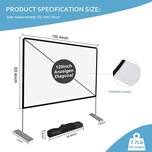 Image of SKERELL Projector Screen with Stand 120 inch Portable Projection Screen 16:9 4K HD Rear Front Projections Movies Screen with Carry Bag for Indoor Outdoor Home Theater Backyard Cinema Travel