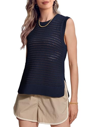Image of SuperPrity Women's Sweater Vest Sleeveless Crochet Sheer Knit Sweater Tank Casual See Through Crewneck Sweater