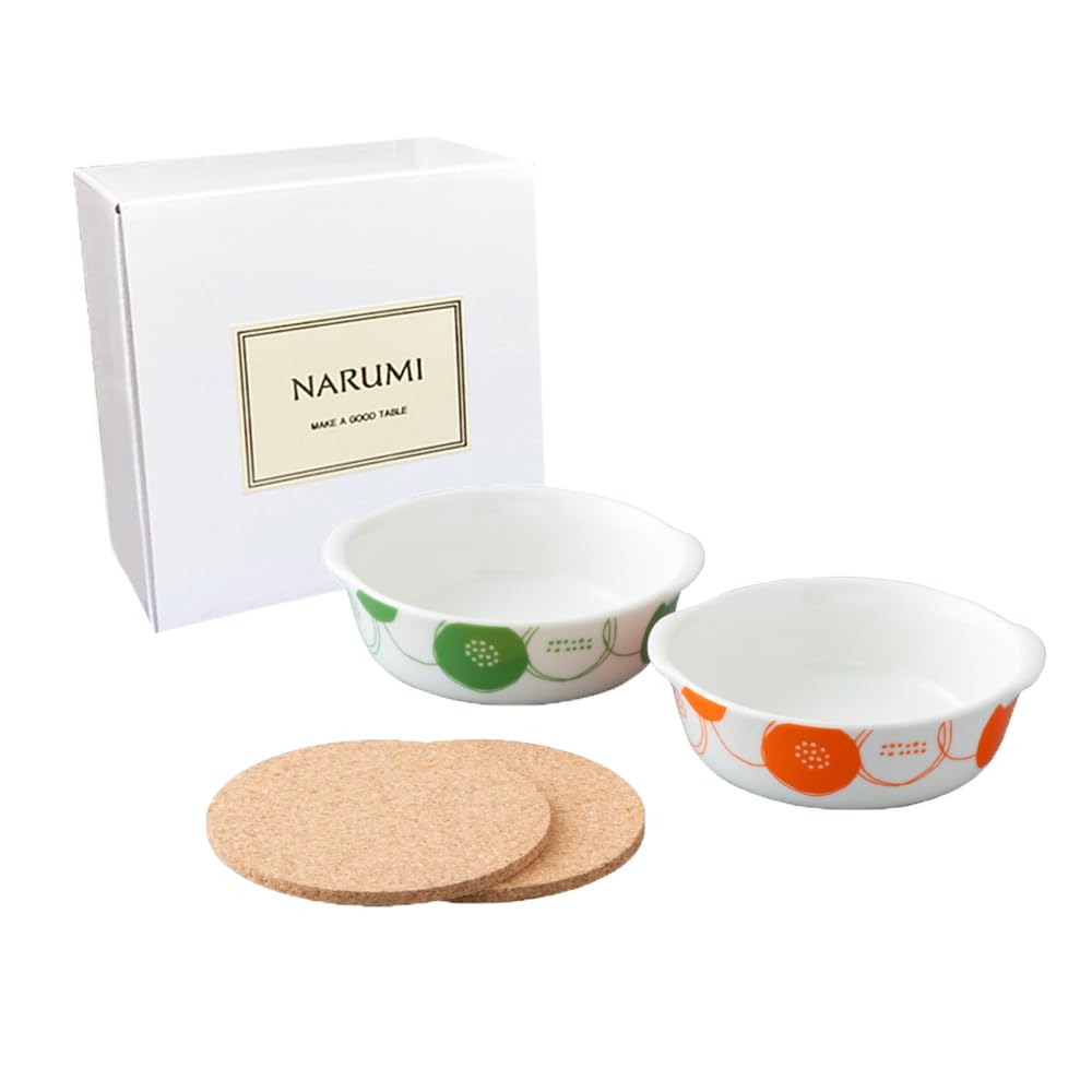 Narumi 41797-33555 Au Gratin Dish Set, Polka Dot, 5.1 inches (13 cm), Set of 2 Patterns, Orange, Green, Cute, Pop, Cork Mat, Microwave, Oven Safe, Made in Japan, Gift Box Included