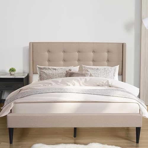 PrimeZone Queen Size Bed Frame - Modern Platform Bed Frame with Wingback Tufted Headboard, Linen Fabric Upholstered Bedroom Bedframe with FSC-Certified Poplar Wood Slats, No Box Spring Neede