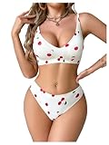 SHENHE Women's Lingerie Set 2 Piece Bra and Panty Cherry Print Padded Bralette Cheeky Thong Set White Large