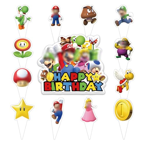 25pcs Cake Decorations with 24pcs Cupcake Toppers 1pcs Cake Topper for Mario/Tenn Girl Boy Birthday Party Supplies