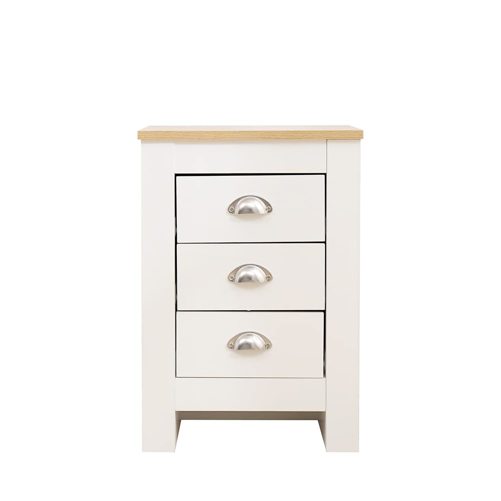 Homemade Design Bedside Table with 3 Drawers Storage Unit Wooden Nightstand for Bedroom White&Oak (one piece)