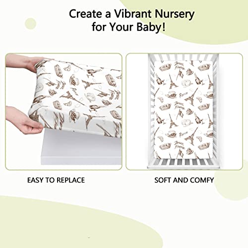 Paris Themed Fitted Crib Sheet,Standard Crib Mattress Fitted Sheet Toddler Bed Mattress Sheets-Baby Sheet For Boys Girls,28“ X52“,White Brown #TOP5