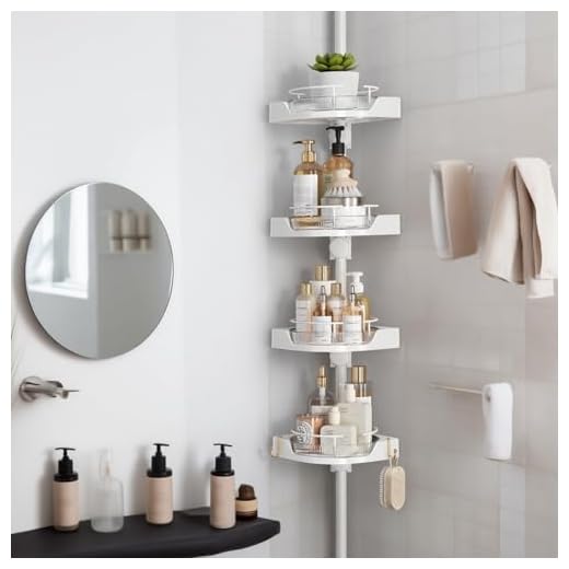 shuang qing 360° Rotating Corner Shower Caddy Tension Pole Organizer - 4-Tier Adjustable Rustproof Metal Pole, Plastic Shelves with Safety Guardrail, Bathroom Storage for Shower & Bathtub(White)