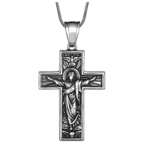 Hipunk Cross Crucifix Pendant Necklace - Stainless Steel Crucifix Jesus Christ Pendant Bible Prayer Religious Unisex Religious Baptism Madonna Eagle Necklace Jewelry SP0163G Cover