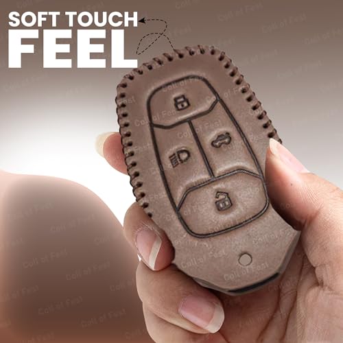 Image of Soft Handmade Leather Key Cover Compatible with Tata Nexon, Harrier | Safari | Altroz | Tigor | Ev | Punch | Tiago Ev Electric 4 Button Smart Key Protection with Keychain (Brown)
