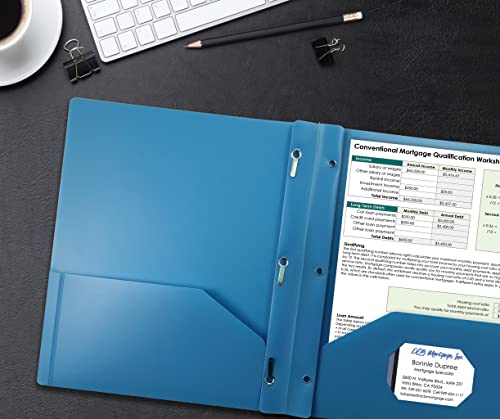 Image of Better Office Products Light Blue Plastic 2 Pocket Folders with Prongs, 48 Pack, Heavyweight, Letter Size Poly Folders with 3 Metal Prongs Fastener Clips, Light Blue