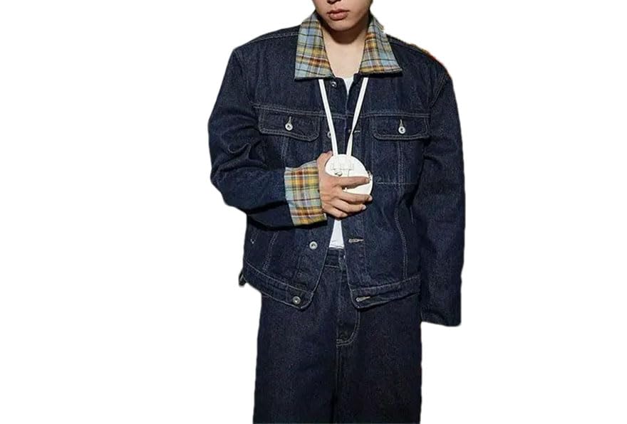 Men Denim Set Loose Spliced Denim Coat Vintage Design Plaid Irregular Jeans Pant Punk Retro Pockets Suit3