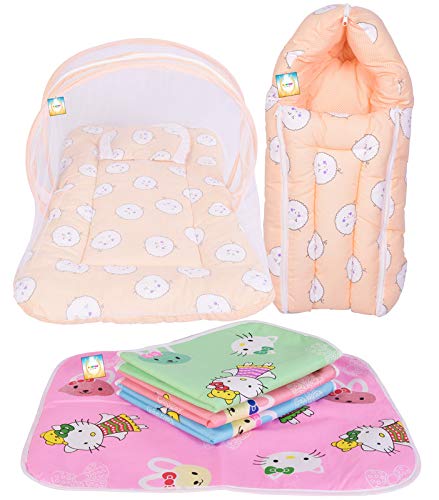 Bantoo New Born Baby Bedding Set Gift Items Combo Pack of Net Bed Sleeping Bag and Plastic Sheets Sets for 0-6 Months Baby Boys & Baby Girls (Orange Smily)