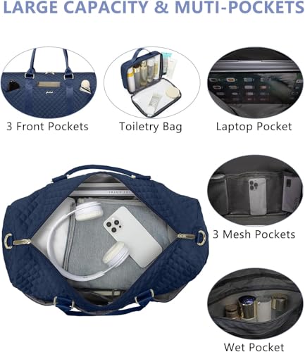 Image of Women Weekender Travel Duffle Bag: Travel Duffel Overnight Bags with Shoe Compartment Large Carry on Tote with Toiletry Bag Weekend Traveling Yoga Gym Hospital Bag for Women with Wet Pocket Blue