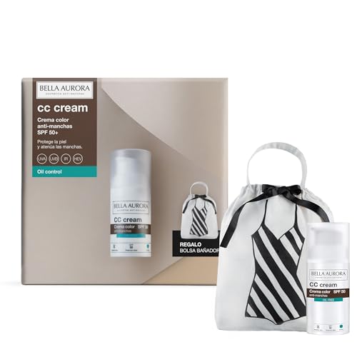 BELLA AURORA - Pack CC Cream Antimanchas Oil Control SPF50+ 30 ml + Bolsa de Regalo, Protector Solar Antimanchas, Crema Color Antimanchas, para Pieles con Brillo o Mixtas-Grasas, Crema Solar Facial