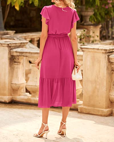 Image of BTFBM Women Summer Bohemian Floral Casual Wrap V Neck Ruffle Cap Sleeveless Belt A-Line Pleated Hem Midi Sun Dress White
