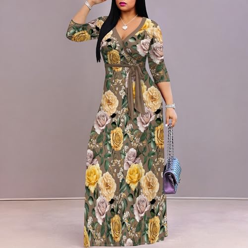 Image of PinkPatty Women's Plus Size Maxi Dress Casual 3 /4 Sleeve Dress with Belt | Soft stretch feel, printed style, flowy A-line fit, v neck, waist tie, side pockets, for vacation, party and daily wear