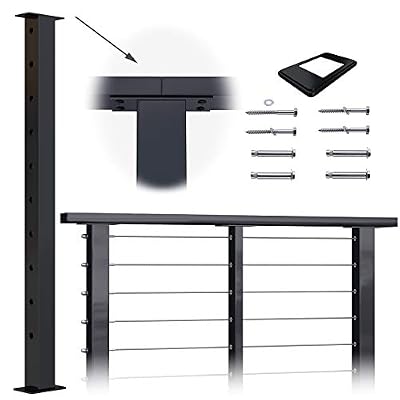 Muzata Cable Railing Post Square Weldless Flat top 36”x2”x2” Stainless Steel Black Powder Coated Finishing Pre-Drilled Posts Wood Concrete Surface Mount Deck Balustrade Invisible PS02 BH4S, PT1 PT2