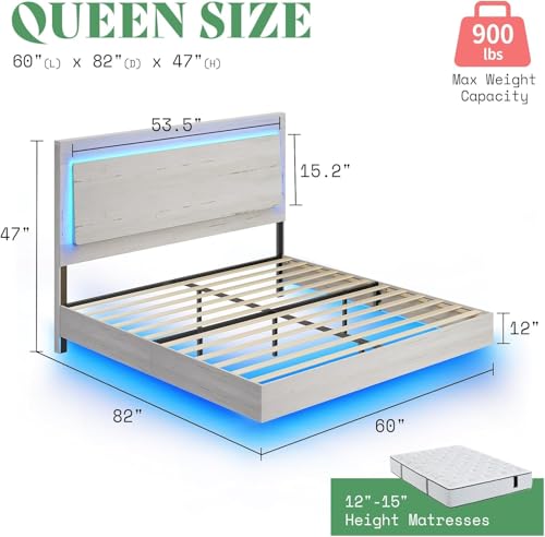 AMERLIFE Farmhouse Queen Bed Frame with Reclining Headboard and LED Light, No Box Spring Needed