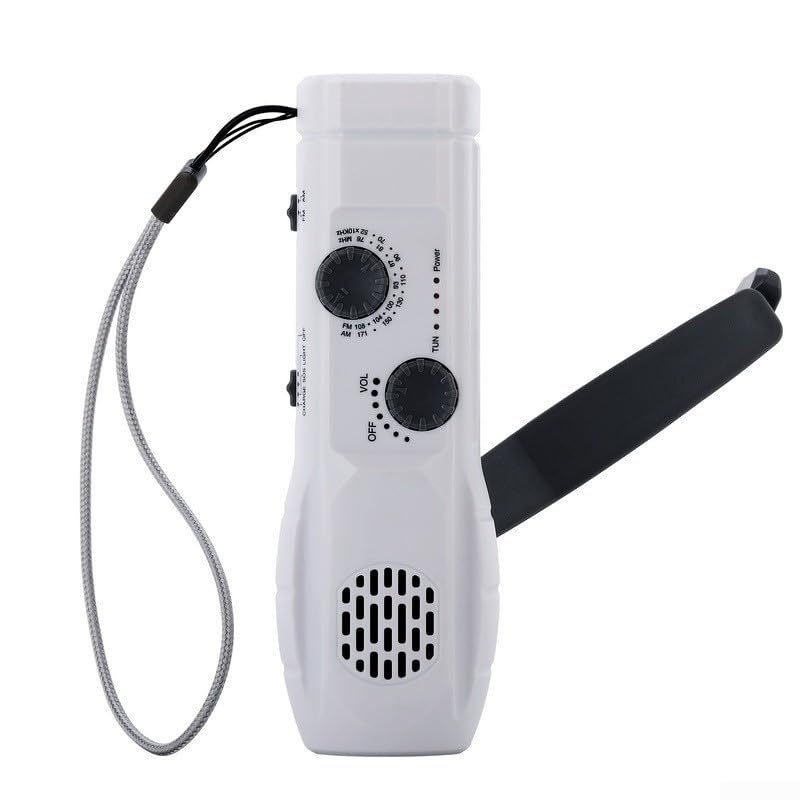 MeevrgR Linterna de manivela y radio – Solar/USB recargable SOS alarma cargador de teléfono 19,5 × 7,5 × 6,5 cm para camping y cortes de energía (blanco)