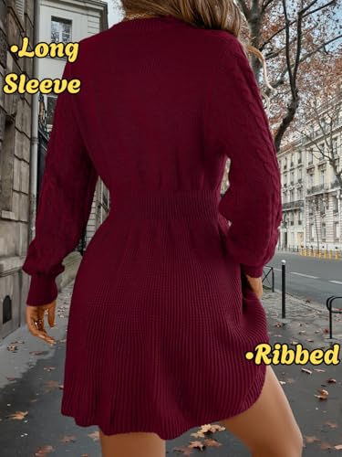 Women's Short Sweater Dress, Cinched Waist Long Sleeve Crewneck Cable Knit Dresses, Fall Winter Casual Outfits3