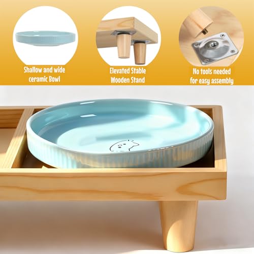 Katzennapf Flach Keramik mit Holzständer, Erhöhte Futterstation Tisch mit 2 Keramiknäpfe, Futternapf Katze Schalen-Durchmesser 16 cm