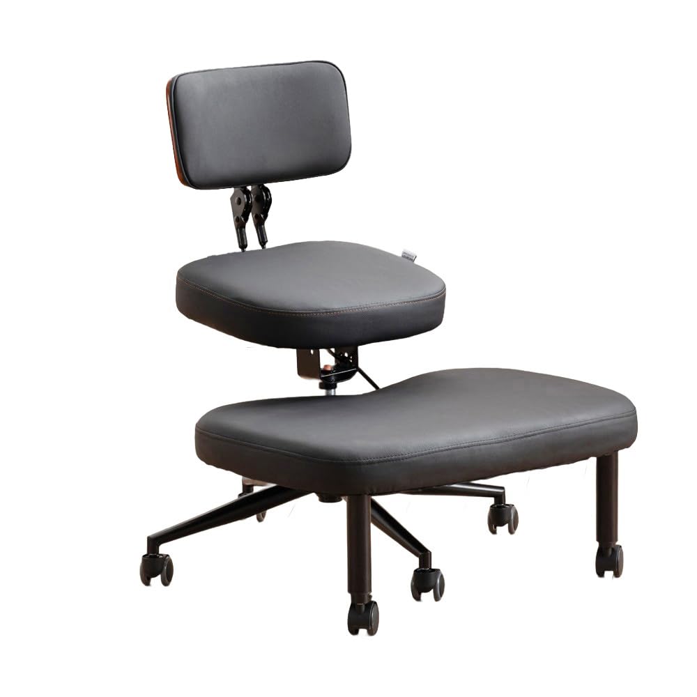 Chaise genoux ergonomique avec dossier, tabouret réglable pour une meilleure posture, assise rembourrée avec roulettes, noire