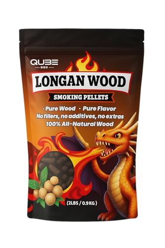 QUBE BBQ Taiwanese Longan Wood Smoking Pellets | Rare Fruitwood Flavor Enhancer | Use Less for Amazing Smoke | 100% Natural Hardwood for All Grills & Smokers | 2lb Bag