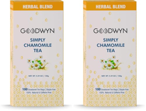 Image of Goodwyn Chamomile Tea For Sleep (100 Tea Bags) | Real Chamomile Flowers | Caffeine-Free Herbal Tea | Promotes Relaxation, Calm, Stress Relief | Non Bitter | Plastic Free (Pack of 2)