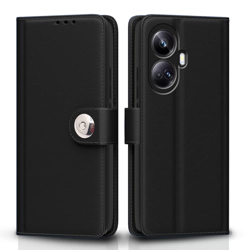 Image of Pikkme Flip Cover Leather Finish | Inside TPU with Card Pockets | Wallet Stand and Shock Proof | Complete Protection Button Flip Case for Realme 10 Pro Plus 5G (Black)