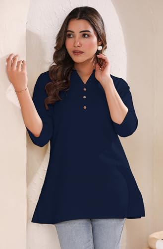 Image of Janasya Women's Light Blue Linen Cotton Solid A-line Top