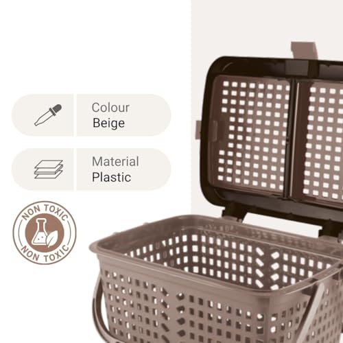 Image of FLAIR Dual Compartment Storage Basket Set of 2 - Sturdy Plastic Organizer with Handles & Lid | Plastic Multipurpose Trendy Shopping Big Basket | Ideal for Kitchen, Bathroom, Laundry & Toys (Beige)