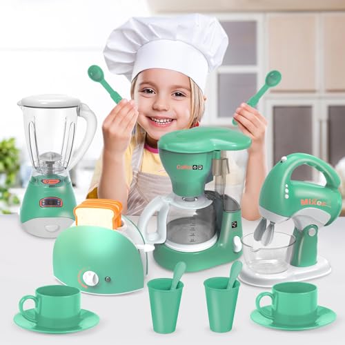 Yalujumb Play Kitchen Toys, Pretend Play Kitchen Appliances Toy Set with Coffee Maker, Mixer, Toaster with Realistic Lights& Sounds, Birthday Gift for Kids Ages 3-5 4-6 6-8 (Green)