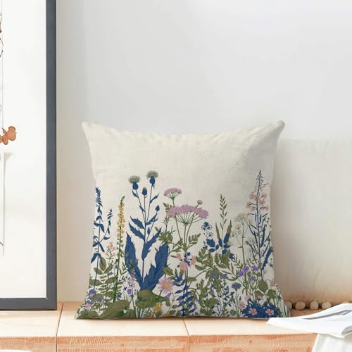 Image of AEIOAE Navy Blue Teal Pillow Covers 22x22 Inch Set of 2, Spring Wildflower Plant Throw Pillows Case,Seasonal Floral Outdoor Decorative Flowers Farmhouse Decor Cushion Covers for Home Sofa Bed Couch