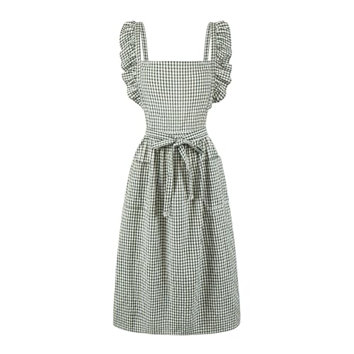 Seedbysea Vintage Gingham Apron For Women, Ruffle Straps, 2 Pockets, Cross Back, Soft Cotton, Apron Dress Style For Cooking & Baking