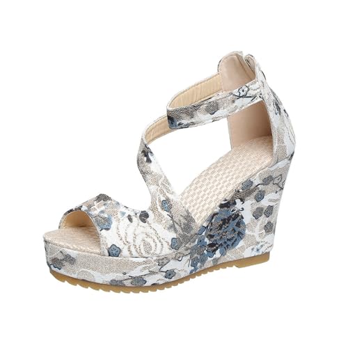 Women's Printed Platform High Heels Open Peep Toe Sandals Fashion Wedge Ankle Strap Back Zipper Slope Espadrille Casual Comfortable Floral Pattern Thick Sole Slip No Summer Sandal Shoes