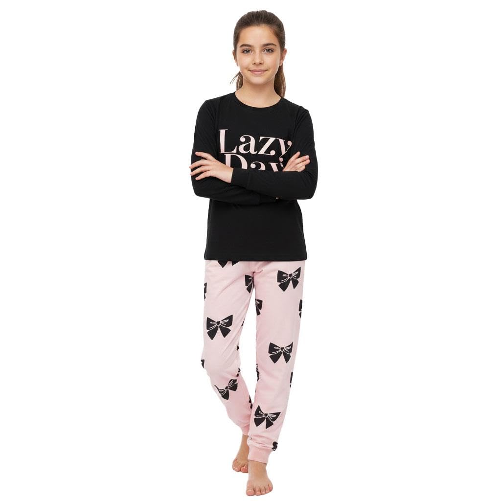 Girls Pyjamas Children PJs 2 Piece Set Lazy Day Print Black Lounge Suit for Children Top Bottom Pyjamas Loungewear Gifts Age 2-3, 3-4, 5-6, 7-8, 9-10, 11-12 & 13 Years
