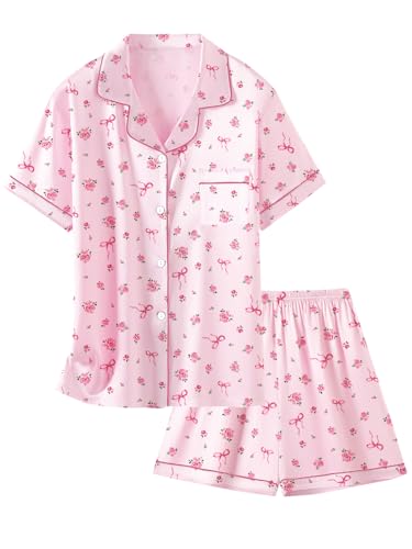 Image of Schbbbta Women Pajamas Set, 2 Pieces Satin Silk Button Down Pjs Short Sleeve Outfits Loungewear