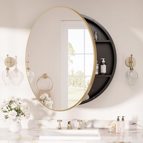 Image of TETOTE Gold Medicine Cabinet with Mirror Round Medicine Cabinets Mirror for Bathroom 28 x 28 Adjustable Shelves Modern Bathroom Organizer with Shelves Wall Mounted