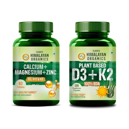 Image of Vlado's Himalayan Organics Calcium Magnesium Zinc with Vitamin D3, B12 & K2 + Plant Based Vitamin D3 (Lichen) & K2 MK7 | Bone, Joint, Muscle & Immune Support | Vegetarian Combo Pack