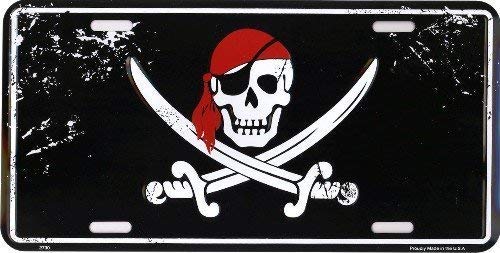 Ant Enterprises Jolly Roger Red Hat Skull and Swords Pirate 6"x12" Aluminum License Plate Tag