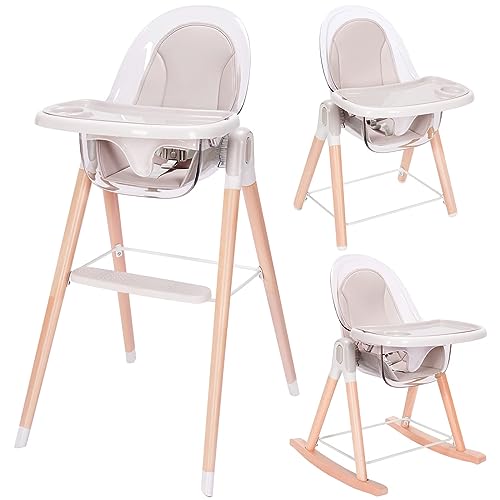 Image of 3-in-1 Convertible Baby High Chair with Removable Double Tray, Reclining Seat, Wooden High Chairs for Babies & Toddlers, Highchair, Toddler Chair & Rocking Chair, Easy to Clean