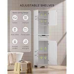 Gizoon 67" H Tall Bathroom Cabinet, Storage Cabinet with 2 Doors & Drawer, Narrow Linen Tower Freestanding Adjustable Shelves for Home, Kitchen, Versatile, Anti-Tipping, White Gizoon 67 H Tall Bathroom Cabinet Storage Cabinet with 2 Doors Drawer Narrow Linen Tower Freestanding Adjustable Shelves for Home Kitchen Versatile Anti Tipping White