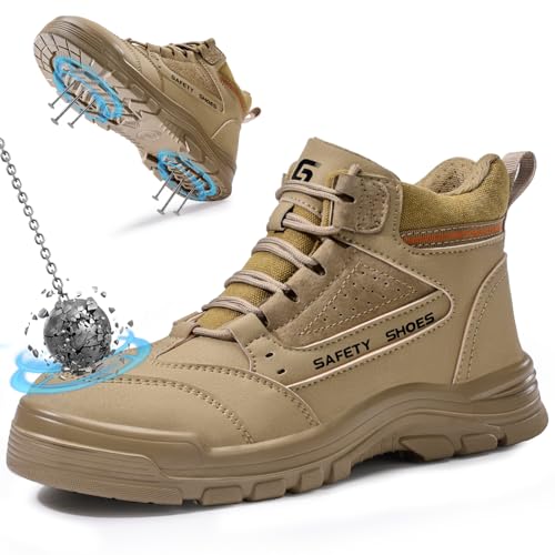 LANGTAN Steel Toe Work Boots for Men - High Top Puncture Resistant Safety Boots - Industrial Boot for worker - Comfortable Work Boot for Construction Brown Size 10.5